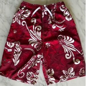 First Wave Boys Burgundy Red Hibiscus Floral Swim Trunks Board Shorts Size 16
